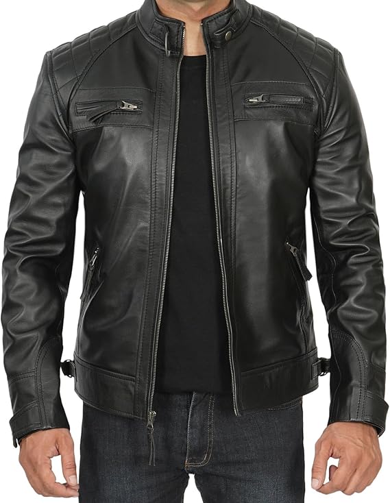 Blingsoul Motorcycle Leather Jacket Men - Quilted Cafe Racer Leather Jackets For Men