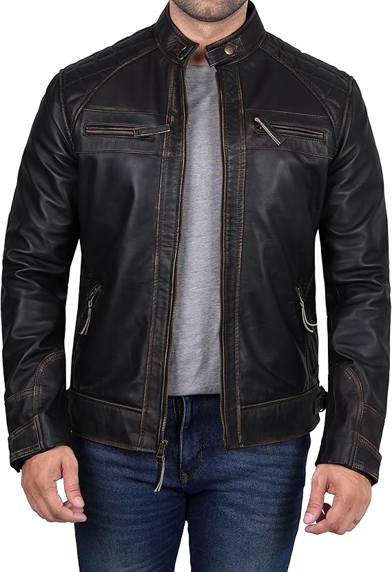 Decrum Leather Jacket Men - Real Lambskin Cafe Racer Biker Style