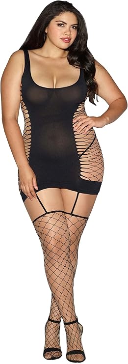 Dreamgirl Plus Size Fishnet Bodystocking with Attached Thigh-High Stockings