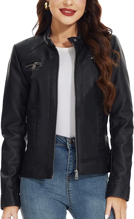 Fahsyee Women’s Faux Leather Jacket (Classic Moto Style)